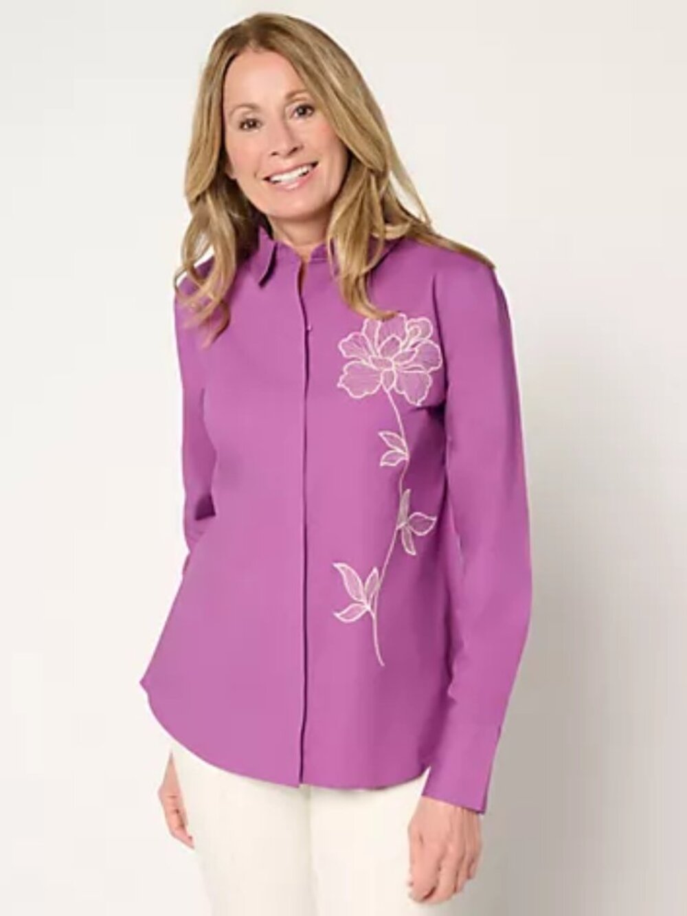 BEAUTIFUL by Lawrence Zarian Embroidered Long Sleeve Shirt, Violet Sz L a690653